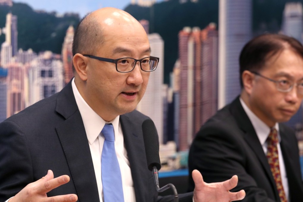Secretary for Constitutional and Mainland Affairs Raymond Tam (left) and Jason Pun, assistant government chief information officer (cyber security and standards), reveal findings of a report on the laptop theft case during Hong Kong’s leadership election. Photo: Nora Tam