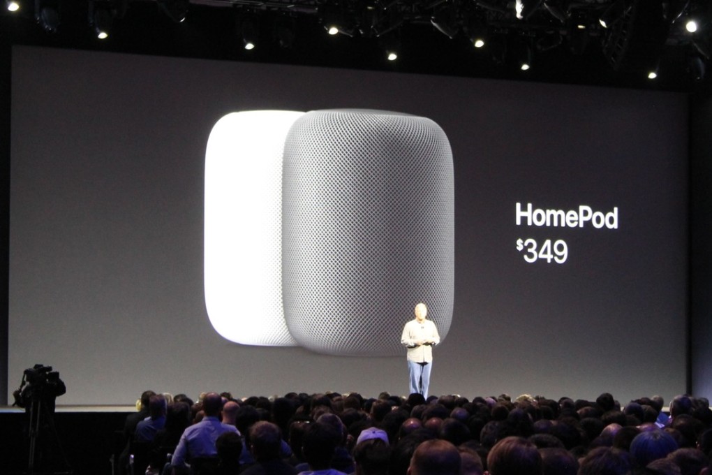 Apple introduces the HomePod voice-controlled speaker in San Jose, California,as Washington mulls tightening rules to restrict access by China to artificial intelligence technology in Silicon Valley where Apple and other tech companies are located. Photo: Kyodo