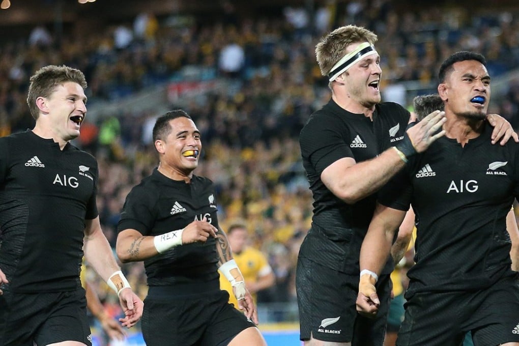 New Zealand's Jerome Kaino (right) celebrates with teammates after scoring a try during against Australia in 2016. Photo: EPA