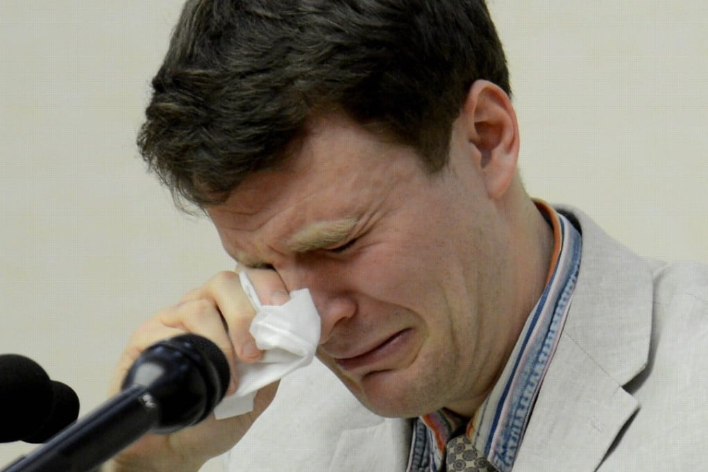 Otto Warmbier cries during a press conference in Pyongyang, North Korea in 2016. File photo: EPA