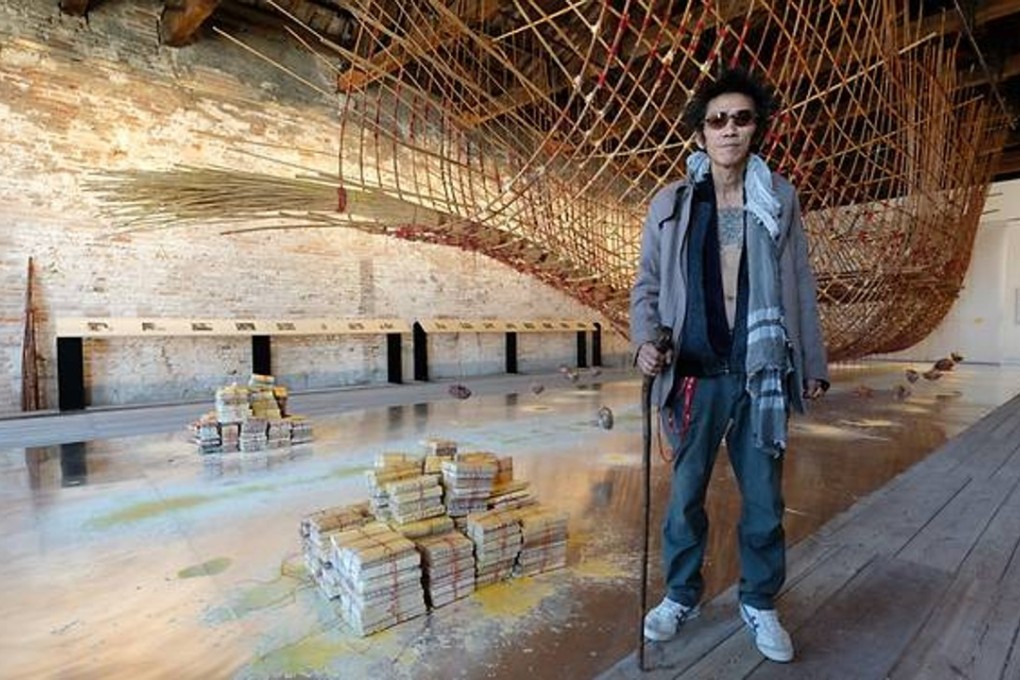 Singaporean artist Zai Kuning with his installation ‘Dapunta Hyang: Transmission of Knowledge’ at the Singapore pavilion in Venice, Italy. Handout photo