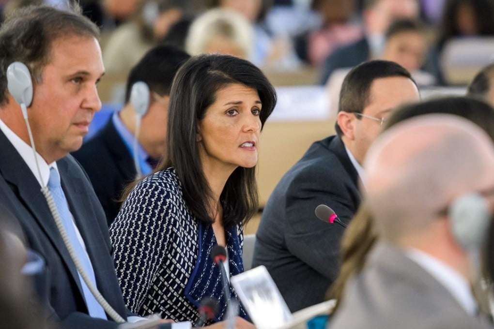 US Ambassador to the United Nations Nikki Haley, second from left, addresses a session of the UN Human Rights Council in Geneva. Photo: AFP