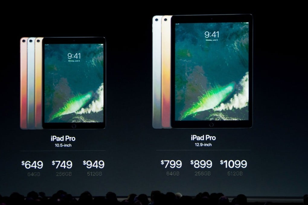 Prices for the new iPad Pro models are shown on stage during Apple's World Wide Developers Conference in San Jose, California. Photo: AFP
