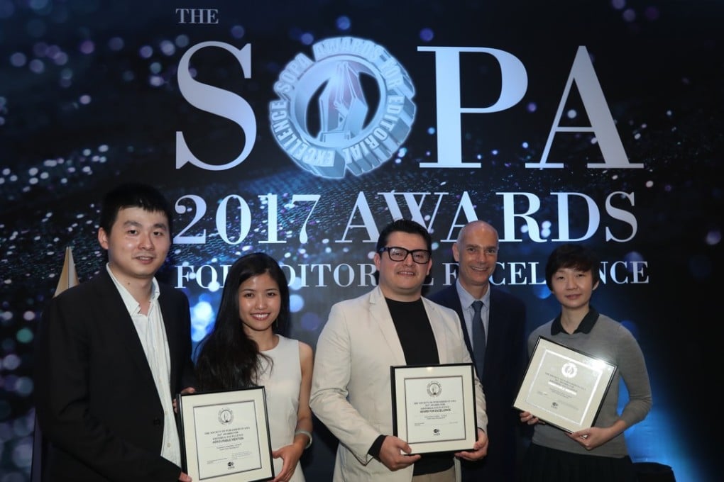 South China Morning Post journalists Sidney Leng, Nectar Gan, Marco Hernandez, Cliff Buddle and Magdalene Fung at last night’s Society of Publishers in Asia Editorial Awards. Photo: Nora Tam