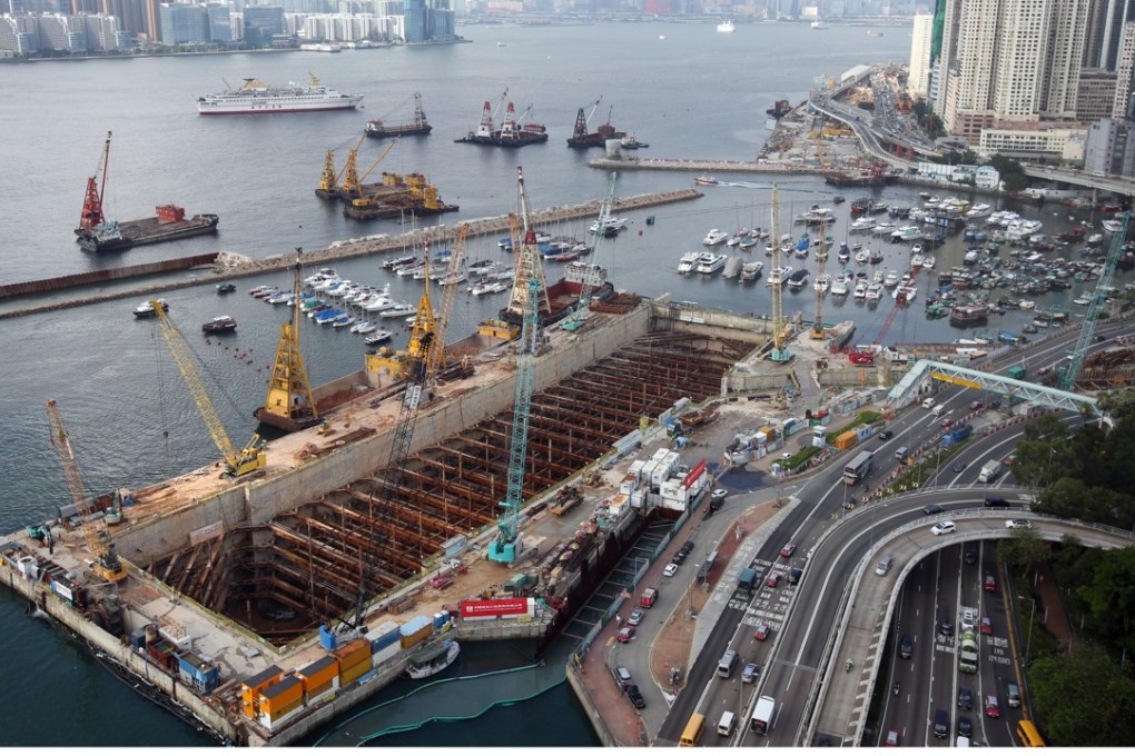 View of construction of tunnel structure at Causeway Bay Typhoon Shelter, part of Central-Wan Chai Bypass and Island Eastern Corridor Link. Photo: Edward Wong