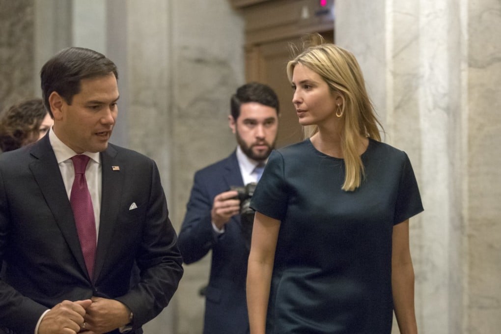 Ivanka Trump, daughter of US President Donald Trump, who also serves as an adviser, is escorted by Senator Marco Rubio as she arrives at the Capitol in Washington on Tuesday. Beijing is said to have invited Ivanka Trump and her husband Jared Kushner to China. Photo: AP