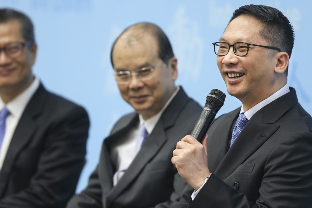 Rimsky Yuen Kwok-keung (right) with fellow incumbent ministers Paul Chan Mo-po (left) and Matthew Cheung Kin-chung on Wednesday. Photo: Sam Tsang