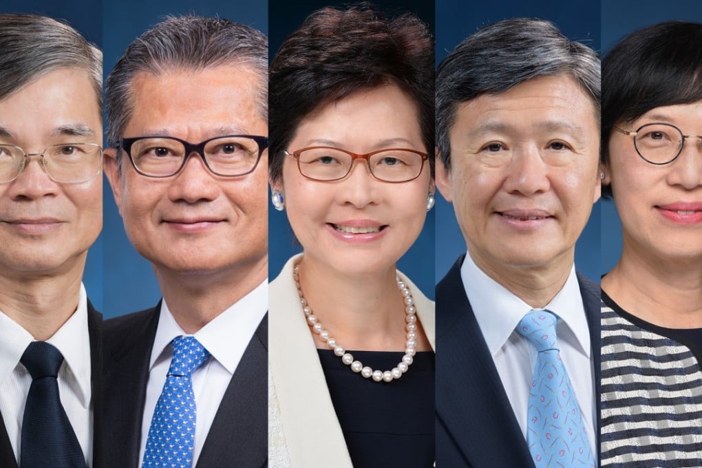 From left: Secretary for Labour and Welfare Law Chi-kwong; Financial Secretary Paul Chan; chief executive-elect Carrie Lam; Independent Commission Against Corruption Commissioner Simon Peh; and Secretary for Food and Health Sophia Chan.