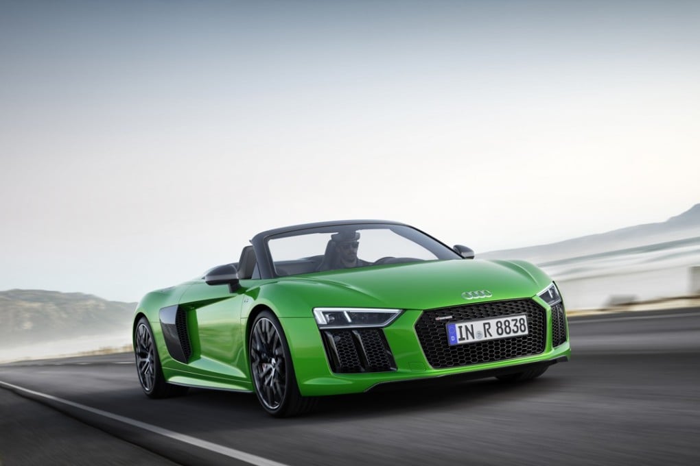 Audi’s R8 Spyder V10 plus, seen in micrommat green, can accelerate to 100km/h in about 3.3 seconds and has a top speed of 336km/h. Photo: Handout