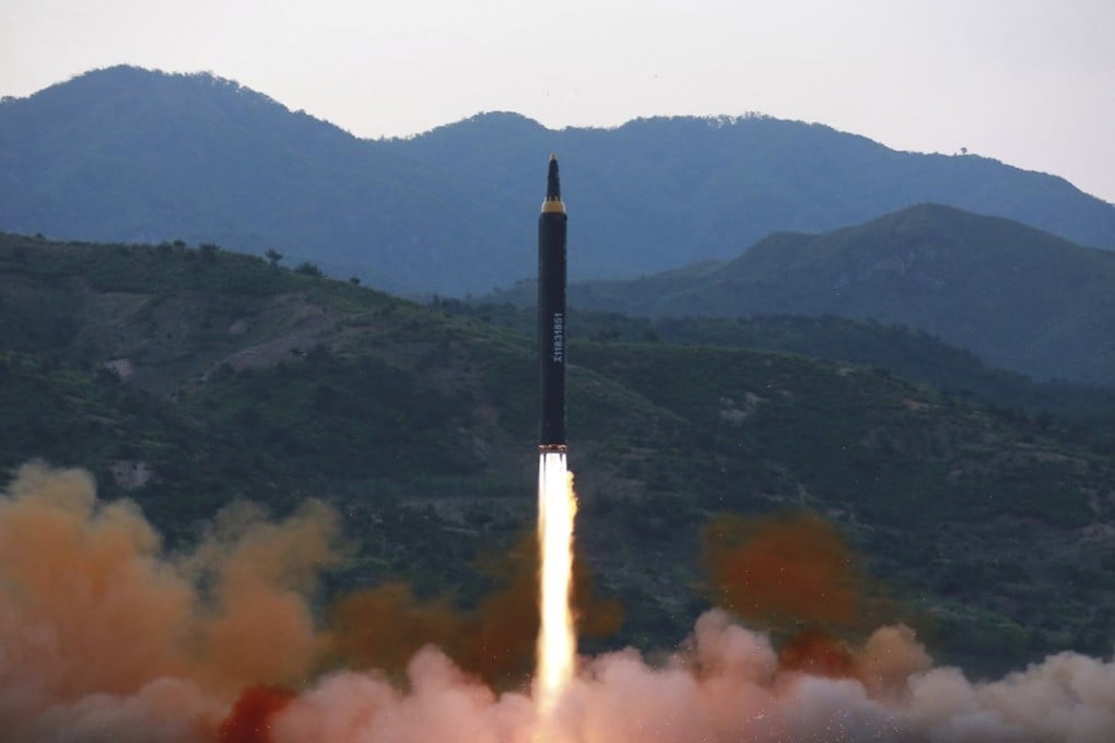 The “Hwasong-12” ballistic missile is launched in North Korea in this photo released by Pyongyang on May 14. Photo: AP