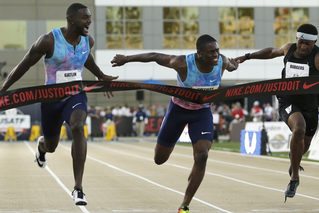 Justin Gatlin (left) reacts as he defeats Christian Coleman (centre) in the men's 100 metre final at the US Track and Field Championships. Photos: AP