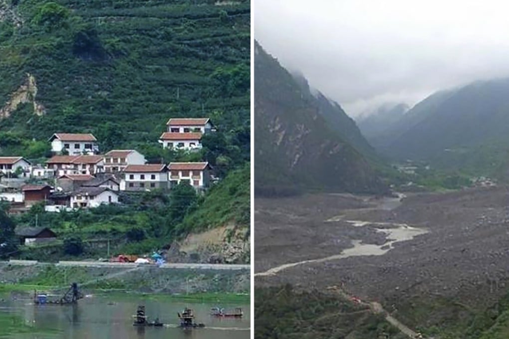 Before and after shots show the scale of destruction after a landslide wiped out Xinmo village in the north of Sichuan province at dawn on Saturday. Photos: Handout