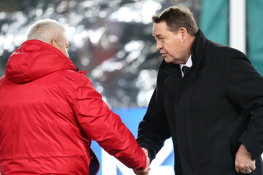 British & Irish Lions coach Warren Gatland (left) and New Zealand coach Steve Hansen shake hands before the start of the first test at Eden Park in Auckland. Photo: AFP