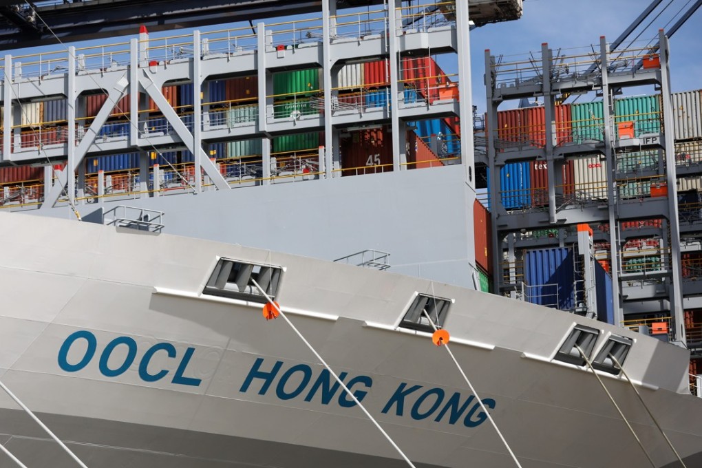 The Orient Overseas Container Line's Hong Kong container ship sits anchored dockside in the British port of Felixstowe on Friday. Photo: Bloomberg