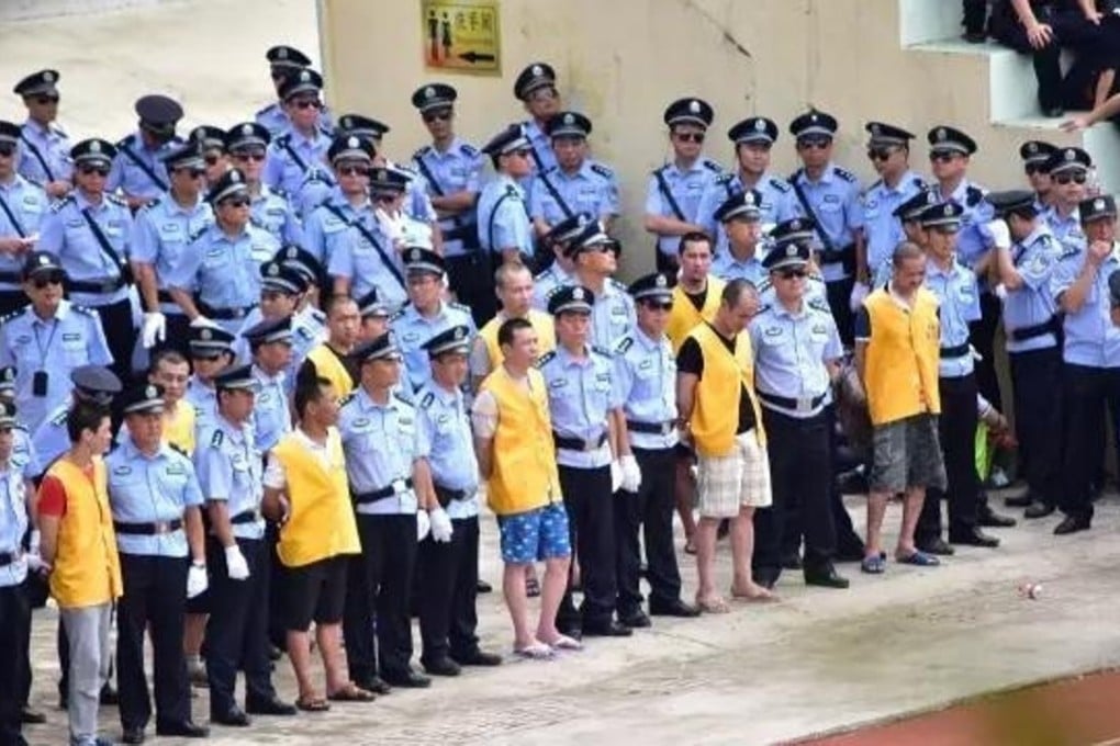 Some of those on trial for drug offences at the public hearing in southern Guangdong province. Photo: Handout