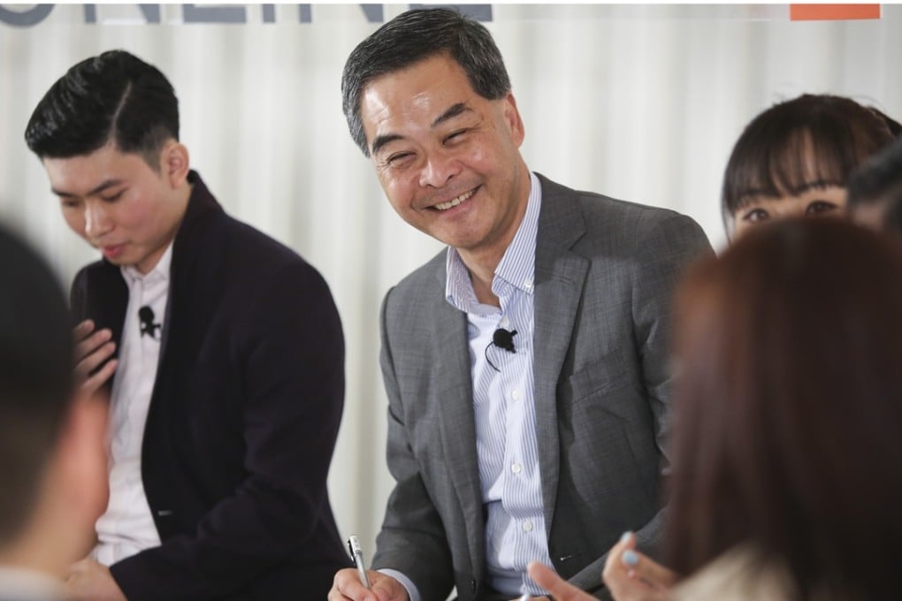Chief Executive Leung Chun-ying appears in HK Federation of Youth Groups web radio show, to talk with young IT entrepreneurs. Photo: Sam Tsang