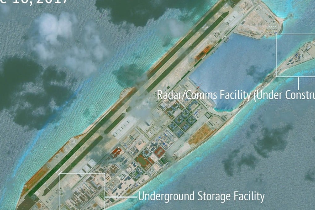 A satellite image released by the Asia Maritime Transparency Initiative showing Chinese construction work on Fiery Cross Reef in a disputed area of the Spratly Islands in the South China Sea. Photo: Reuters