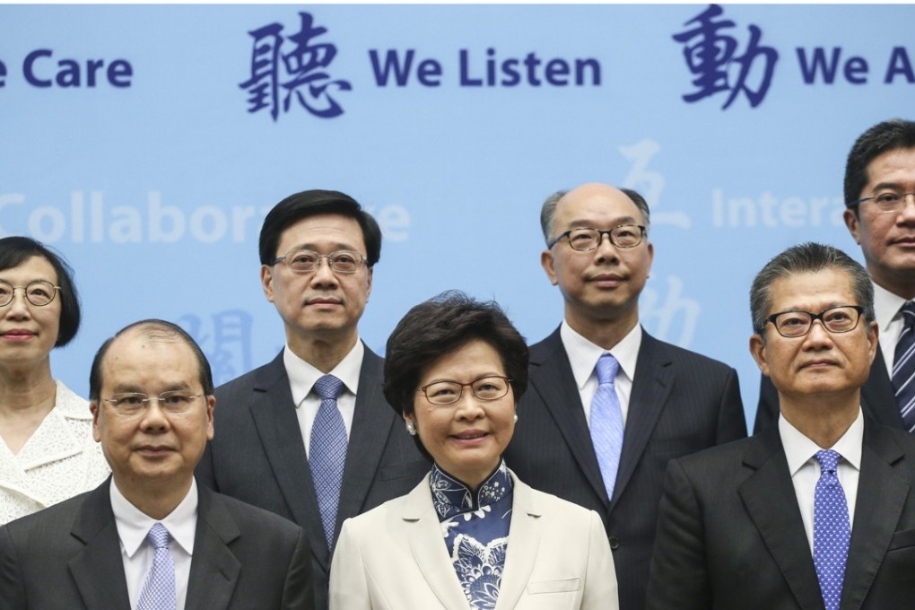 Carrie Lam Cheng Yuet-ngor presents her cabinet at the Central Government Offices in Tamar. Photo: David Wong