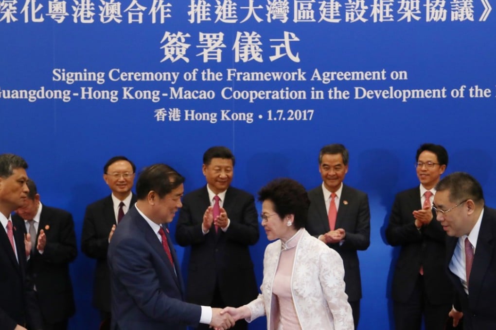 President Xi Jinping (centre, back) watches as Hong Kong’s new leader Carrie Lam seals an agreement on the bay area project with He Lifeng, National Development and Reform Commission chairman. Photo: Nora Tam