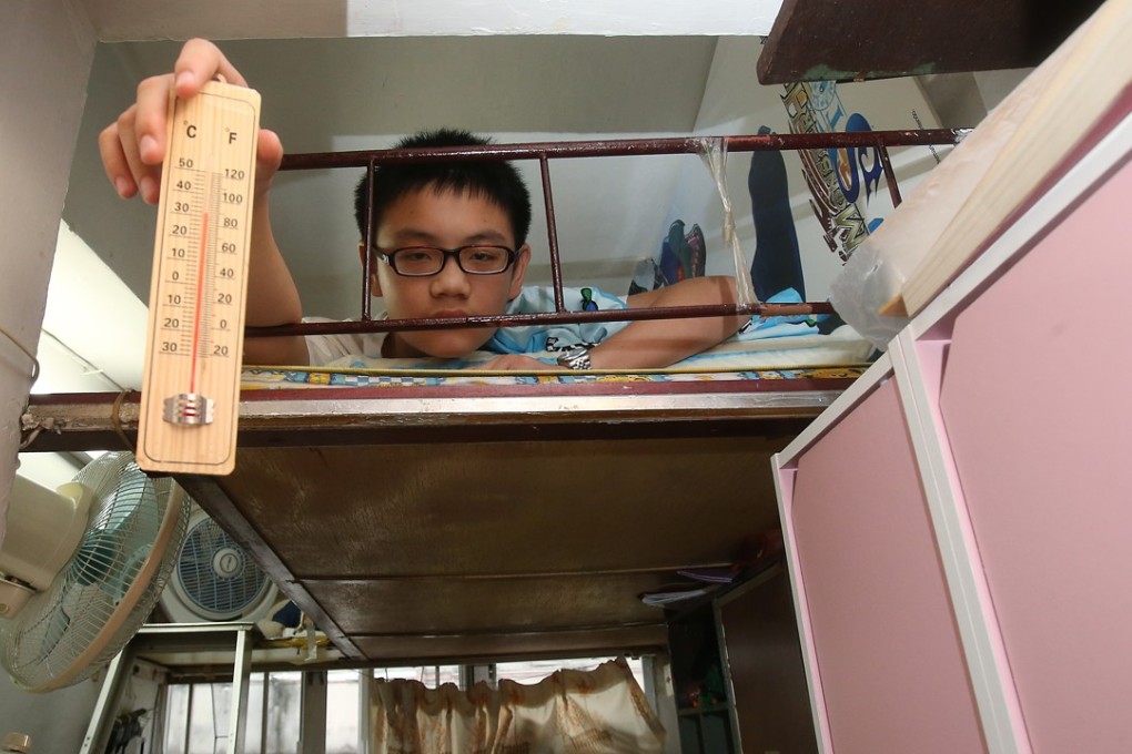 This boy, 13, shows how hot it can become inside his partitioned flat in Sham Shui Po. Photo: David Wong