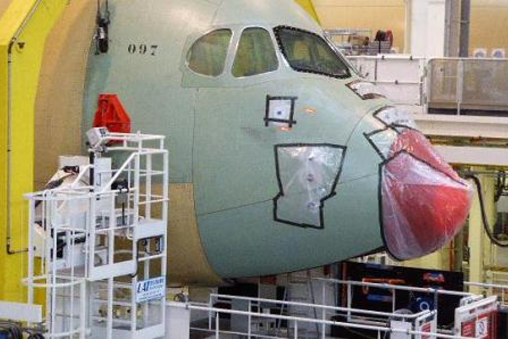 An Airbus A350 being assembled in Toulouse. Photo: Harriet Baskas/CNBC