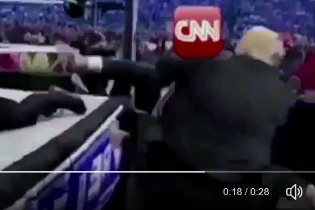 A screenshot from a video posted by Donald Trump on Twitter shows him beating up someone with a CNN logo imposed over their head. Photo: Twitter