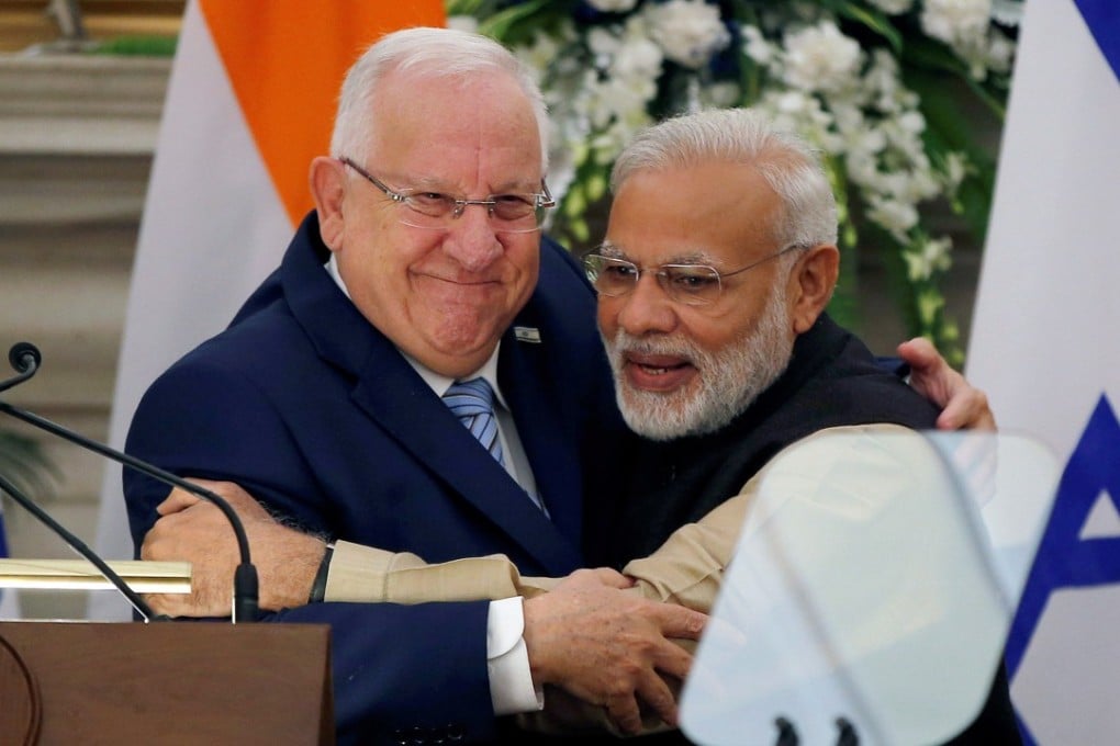 Israeli President Reuven Rivlin and India's Prime Minister Narendra Modi hug each other in New Delhi in 2016. Modi becomes the first Indian prime minister to visit Israel when he arrives on Tuesday. File photo: Reuters