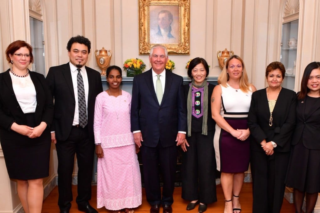 US Secretary of State Rex Tillerson (fourth left) poses with 2017 Trafficking in Persons Heroes in Washington on June 27. Heroes honoured this year were from Argentina, Brazil, Cameroon, Hungary, India, Morocco, Taiwan and Thailand. Photo: EPA/US Department of State