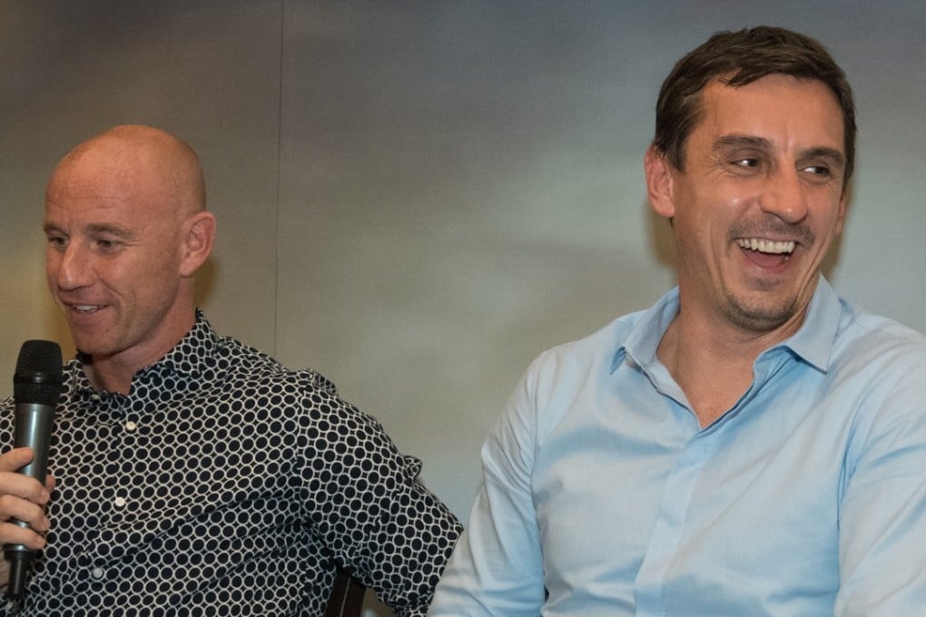 Nicky Butt and Gary Neville talk at the app’s lauch. Photo: Ballr