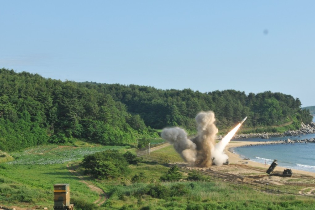 A handout photo made available by the United States Forces Korea (USFK) and the 8th Army shows a missile being fired into the East Sea during US-South Korean joint Precision Firing Capability exercise along the east coast in South Korea on Wednesday. Photo: EPA