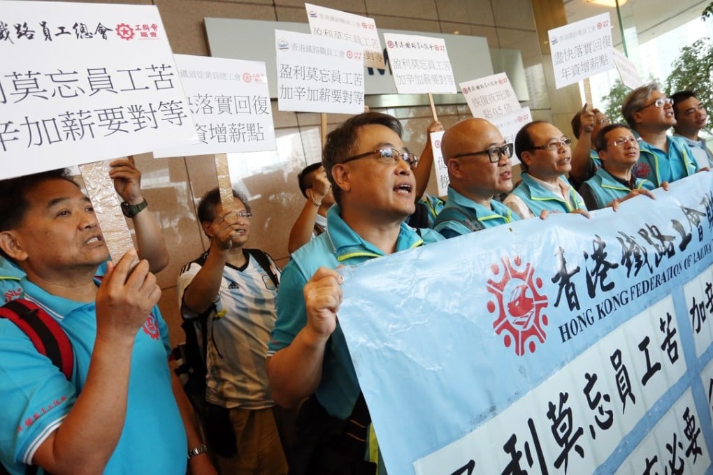 Hong Kong Federation of Railway Trade Unions members protesting at the MTR Corporation headquarters in Kowloon Bay on Wednesday. Photo: Jonathan Wong