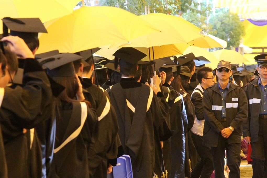 Chinese University of Hong Kong students hold up symbolic yellow umbrellas at their graduation ceremony, at the height of the Occupy movement, in November 2014. Photo: May Tse