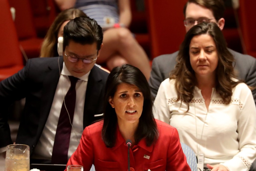 Nikki Haley, US ambassador to the United Nations, speaks at an emergency Security Council meeting on North Korea at the UN headquarters in New York on Wednesday. Photo: EPA