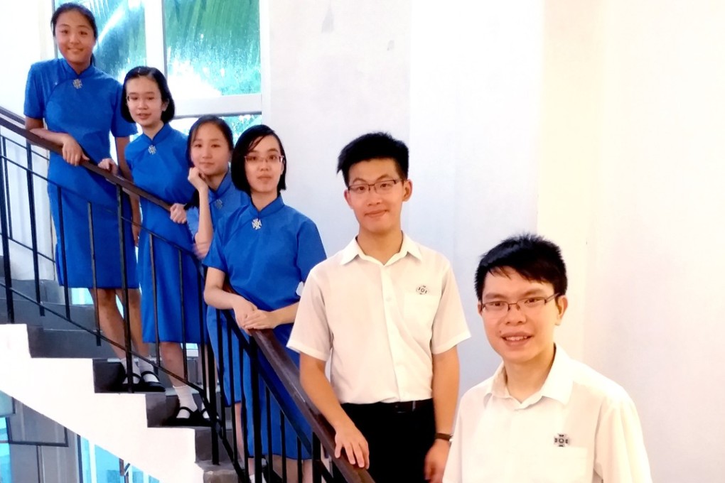 The six pupils at St Paul's Co-Educational College who achieved perfect scores (from left) Jasmine Chu Pui-yan, Tiffany Tang Ka-yan, Eva Wu Sitong, Gigi Lam, Jason Lo Chun-yin and Adrian Kwong Chun-hei. Photo: Handout