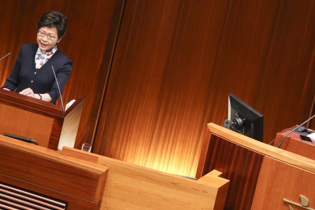 Hong Kong Chief Executive Carrie Lam spoke from the president’s right, resuming the practice of Donald Tsang Yam-kuen. Photo: K. Y. Cheng