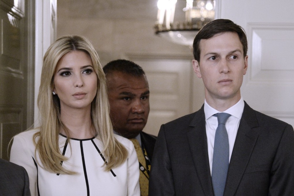US President Donald Trump's assistant and daughter Ivanka Trump with husband White House senior adviser, Jared Kushner, listen to the president speak in Washington. Photo: AFP