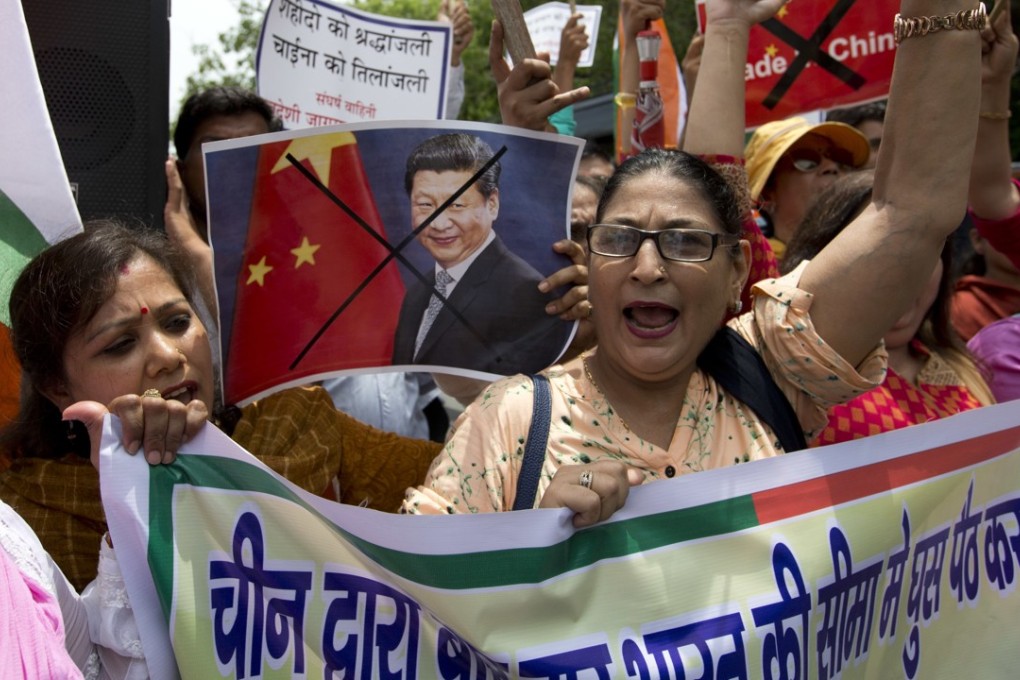 Activists of a Hindu right-wing organisation protest against China’s decision to block Indian pilgrims from Nathu La Pass following tensions in Doklam, on July 4. Photo: AFP
