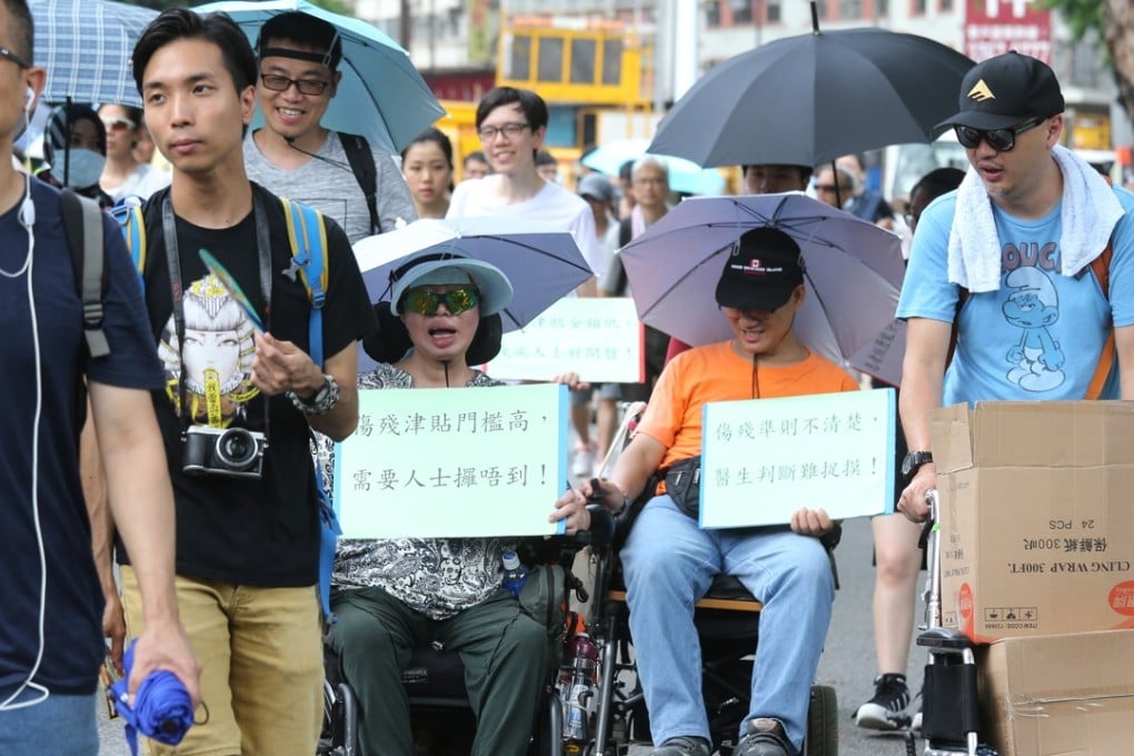 Disabled persons calling for better government allowances last year. Photo: Dickson Lee