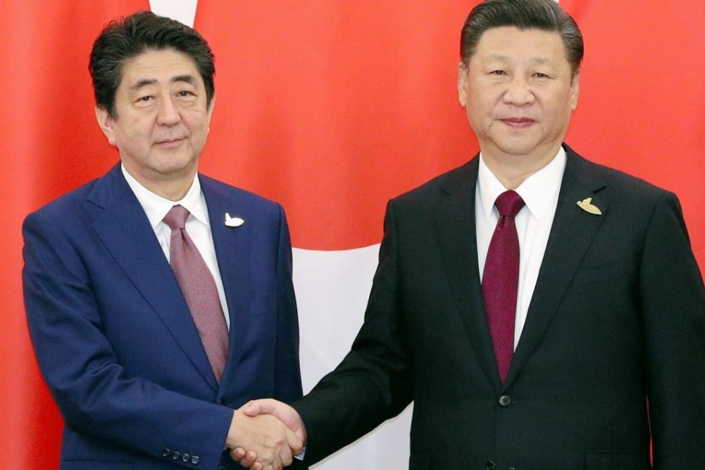Japanese Prime Minister Shinzo Abe (left) and Chinese President Xi Jinping shake hands before their talks in Hamburg, Germany, on Saturday. Photo: Kyodo
