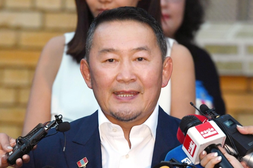 Khaltmaa Battulga speaks to reporters in the capital Ulan Bator. Photo: Kyodo