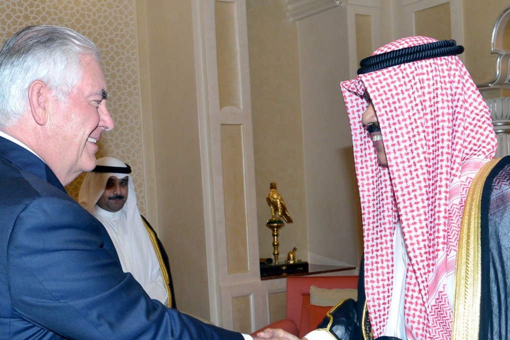 Kuwaiti Crown Prince Nawaf al-Ahmad al-Sabah (R), shaking hands with US Secretary of State Rex Tillerson at Bayan Palace in Kuwait City. Tillerson has embarked on a round of shuttle diplomacy to resolve the crisis over Qatar. Photo: AFP