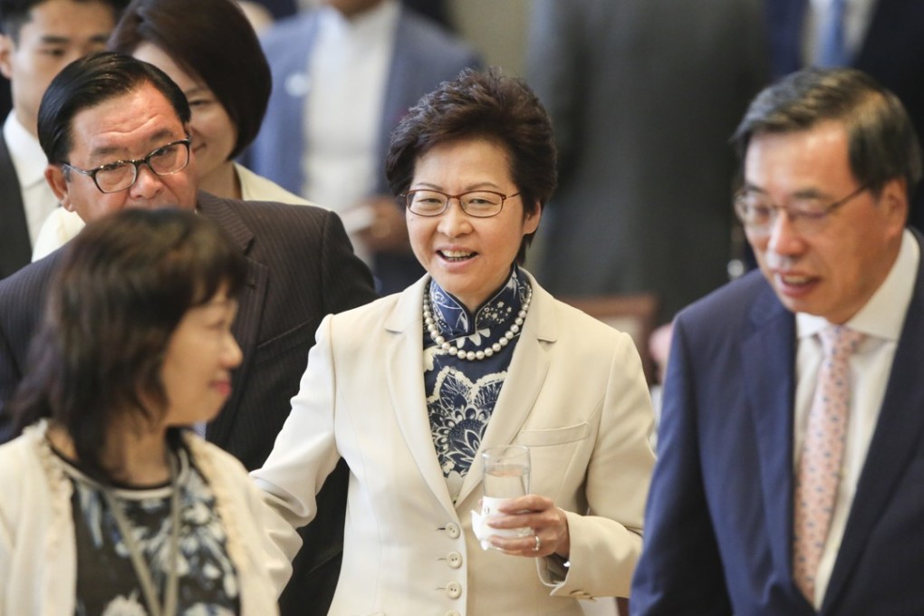 Legislative Council President Andrew Leung Kwan-yuen (right) hosts a luncheon for Chief Executive Carrie Lam Cheng Yuet-ngor (middle) and Executive Council Members at the Legislative Council Complex in Tamar. Photo: Sam Tsang
