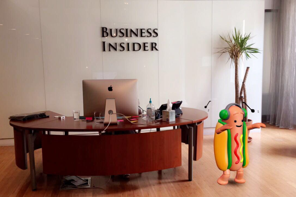 The Snapchat hot dog dancing in Business Insider's lobby. Photo: Business Insider/Nick Vega