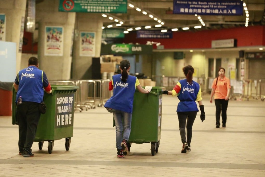 Cleaning staff at work in April. Despite the government’s push to reduce waste at source, we’re throwing out more rubbish than before. Hong Kong’s per capita daily disposal rate of 1.34kg in 1997 increased to 1.39kg in 2015. Photo: May James