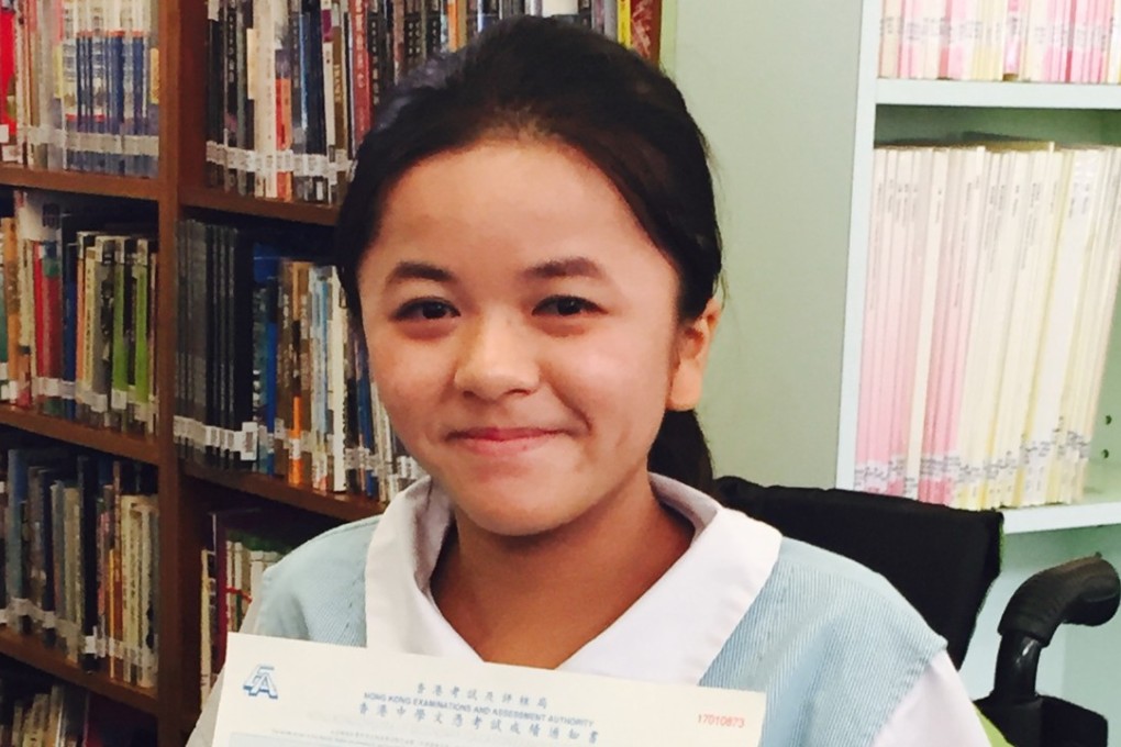 Cherry Ho Cheuk-wing of Christian and Missionary Alliance Sun Kei Secondary School suffers from brittle bone disease. Photo: Miuccia Chan