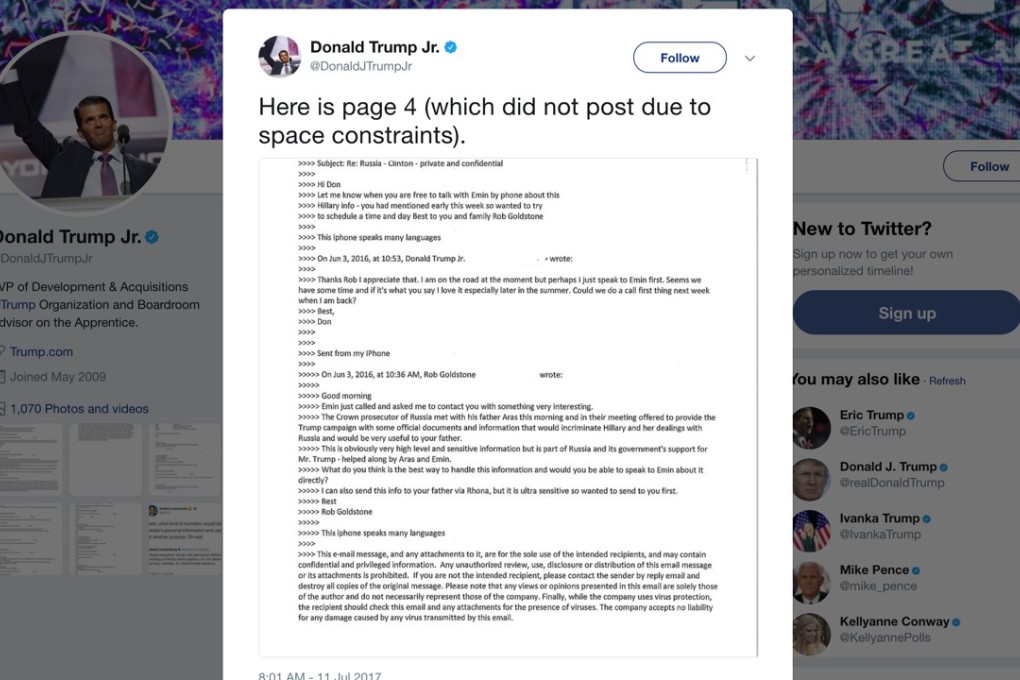 This screenshot shows a tweet posted Tuesday by Donald Trump Jnr on his Twitter account, in which he reveals an email chain with publicist Rob Goldstone in June 2016. Photo: AP