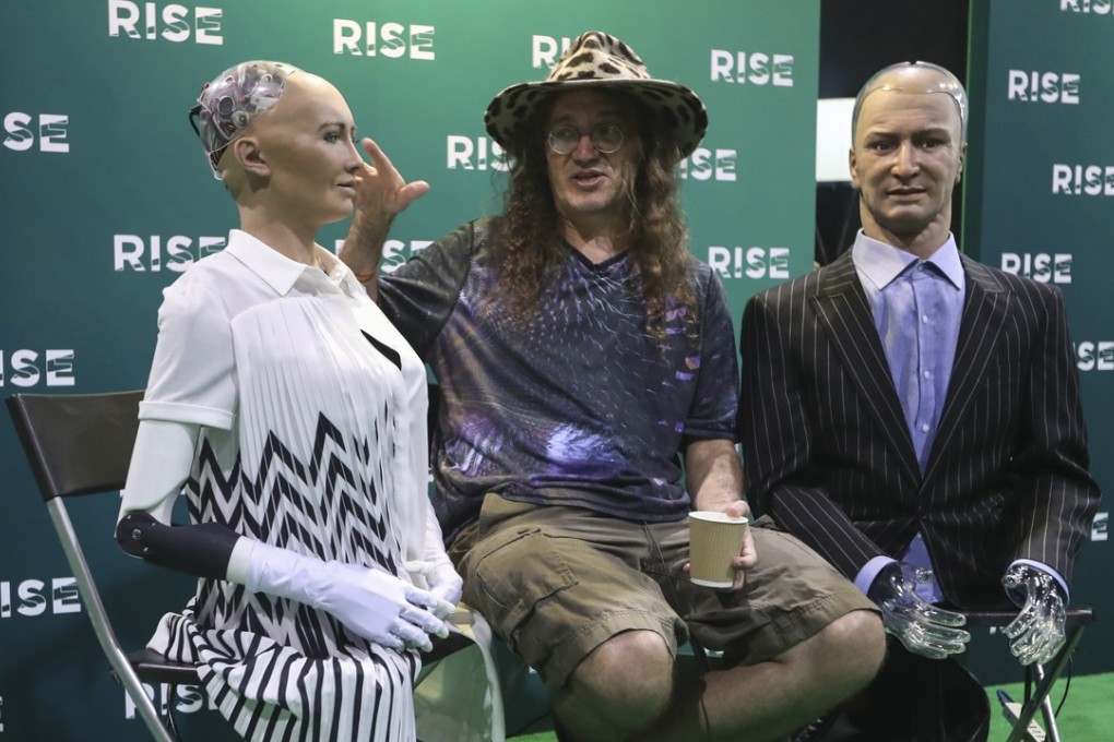 Sophia the robot, and Han the robot with their creator Ben Goertzel of Henson Robotics, based at the Hong Kong Science Park, on the second day of the 2017 Rise conference for technology and entrepreneurship in the city.Photo: SCMP / Nora Tam