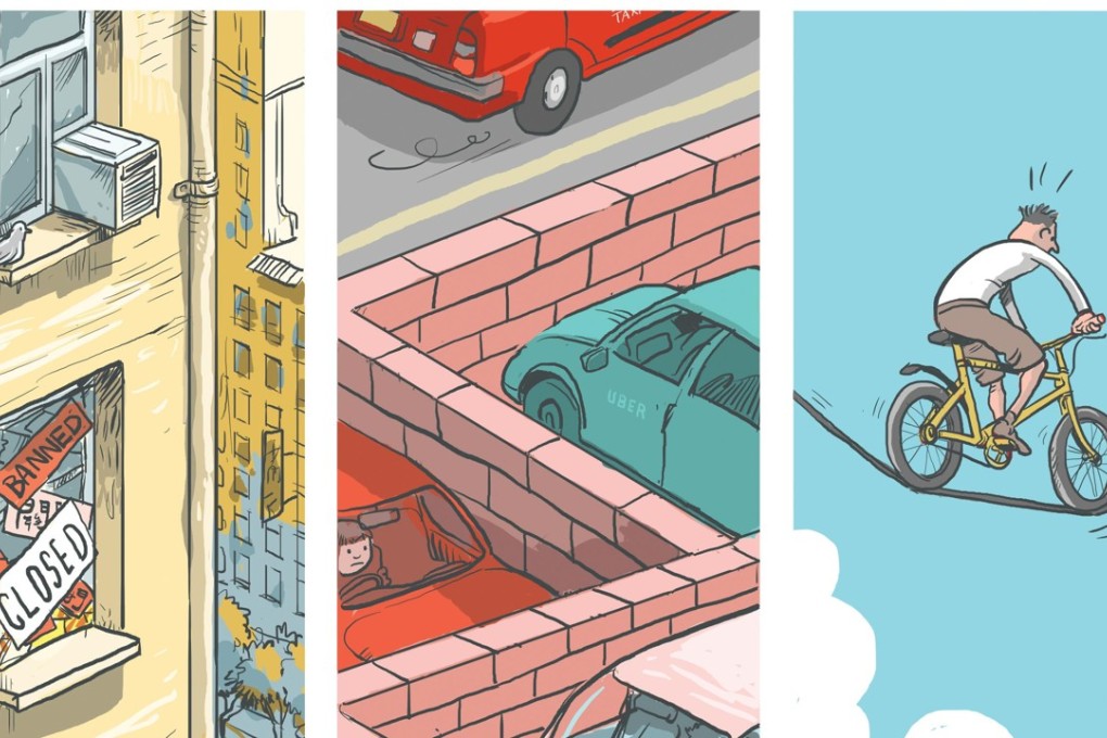 Hong Kong's door is shut for Uber, AirBnb and bike-sharing companies. Image: SCMP Graphics
