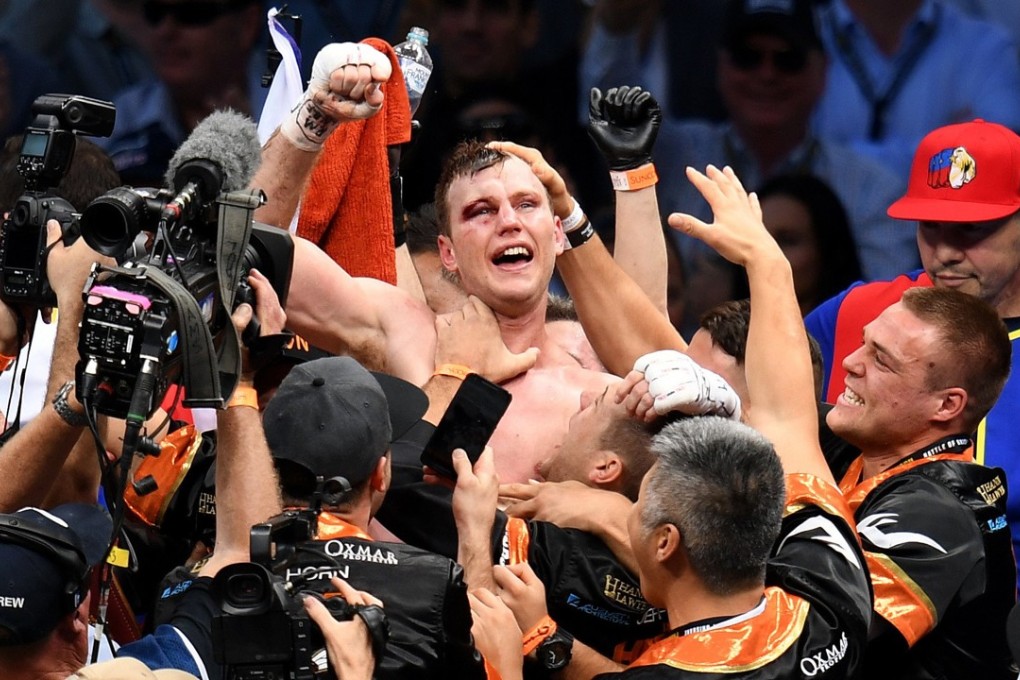 Jeff Horn celebrates defeating Manny Pacquiao in Brisbane. Photo: AFP