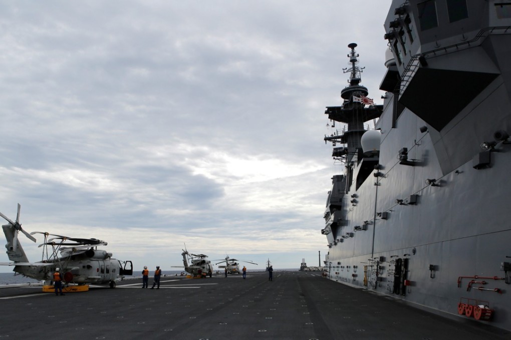 Seahawk helicopters are seen on the flight deck of the JS Izumo, the Japan Self-defence Forces’ largest warship, as it takes part in a military exercise in the South China Sea last month. Photo: Reuters
